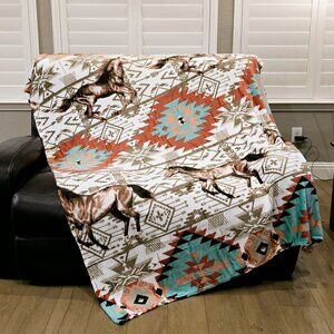 Super Soft Flannel Fleece Blanket (Style: Horses & Aztec) [LWFB220-HorsesAztec]